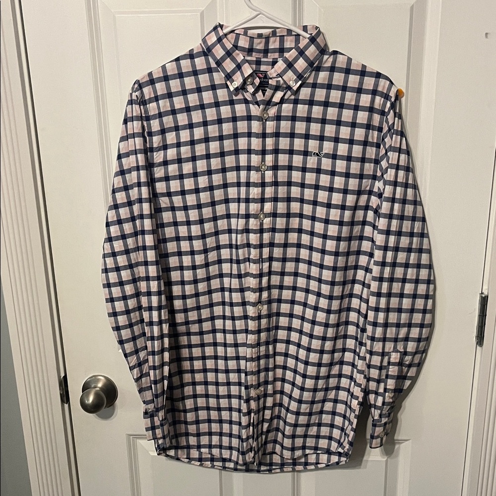 Vineyard Vines Blue Pink and White Checkered Shirt Kids xl